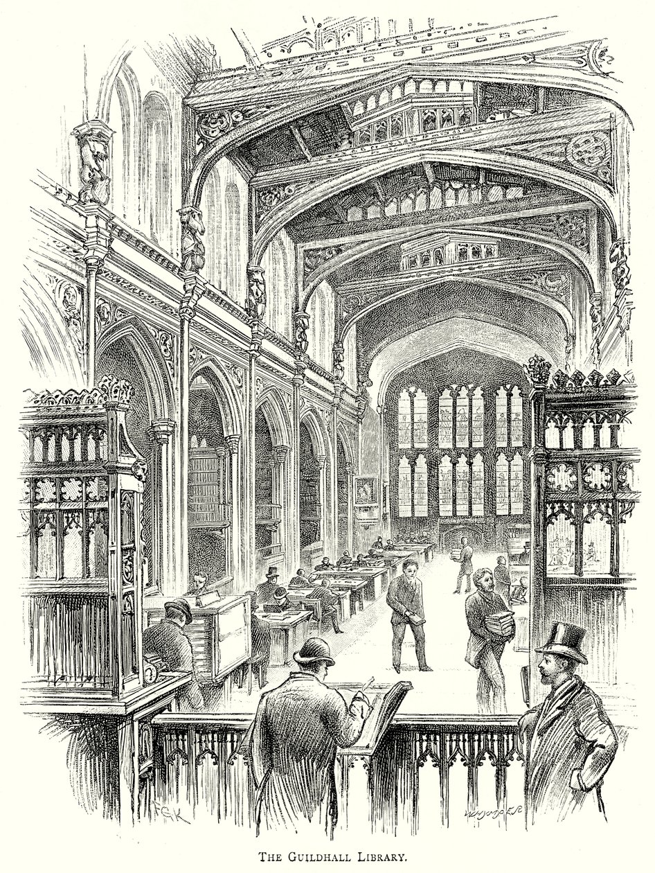 De Guildhall Bibliotheek (gravure) door English School