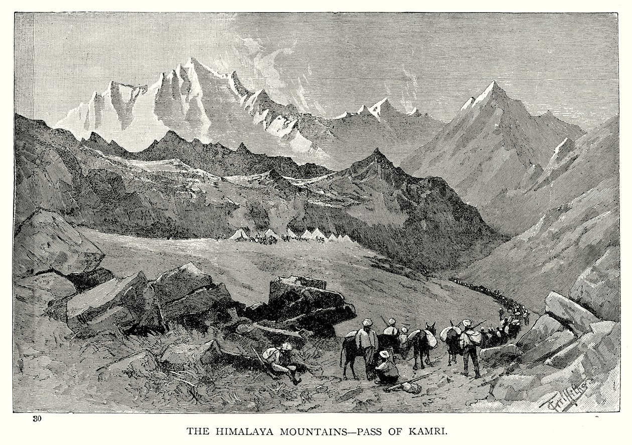 Het Himalayagebergte - Pas van Kamri (gravure) door English School