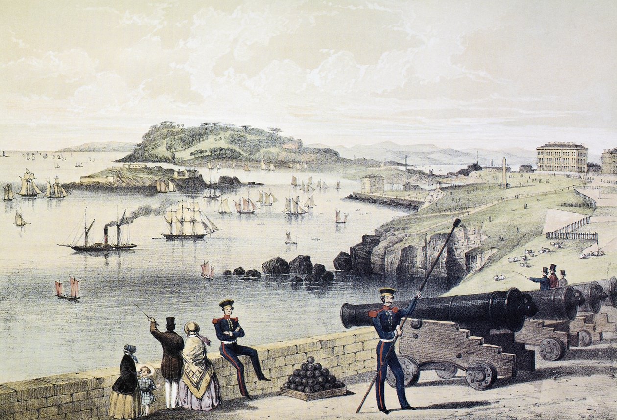 De Hoe, Drakes Island en Mt Edgecumbe vanaf het Citadel, gepubliceerd door Newman und Co door English School