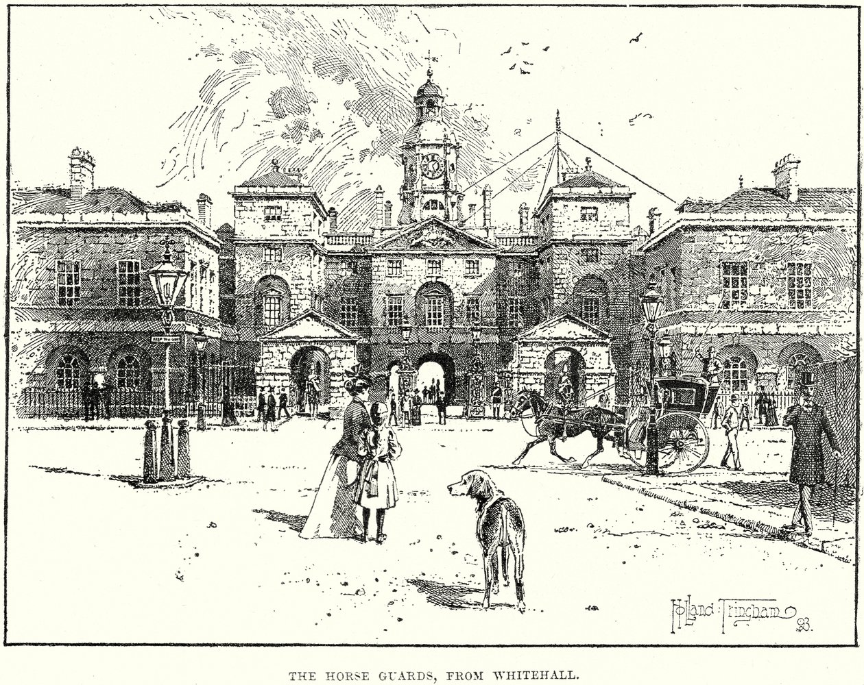De Horse Guards, vanaf Whitehall (gravure) door English School