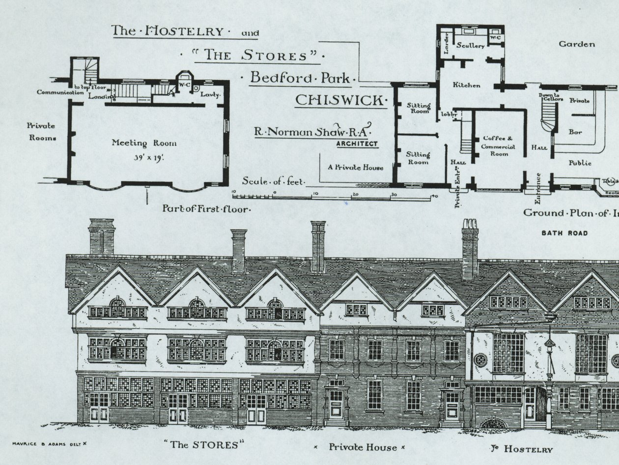 The Hostelry en The Stores, Bedford Park, Chiswick, uit The Building News, 1877 door English School