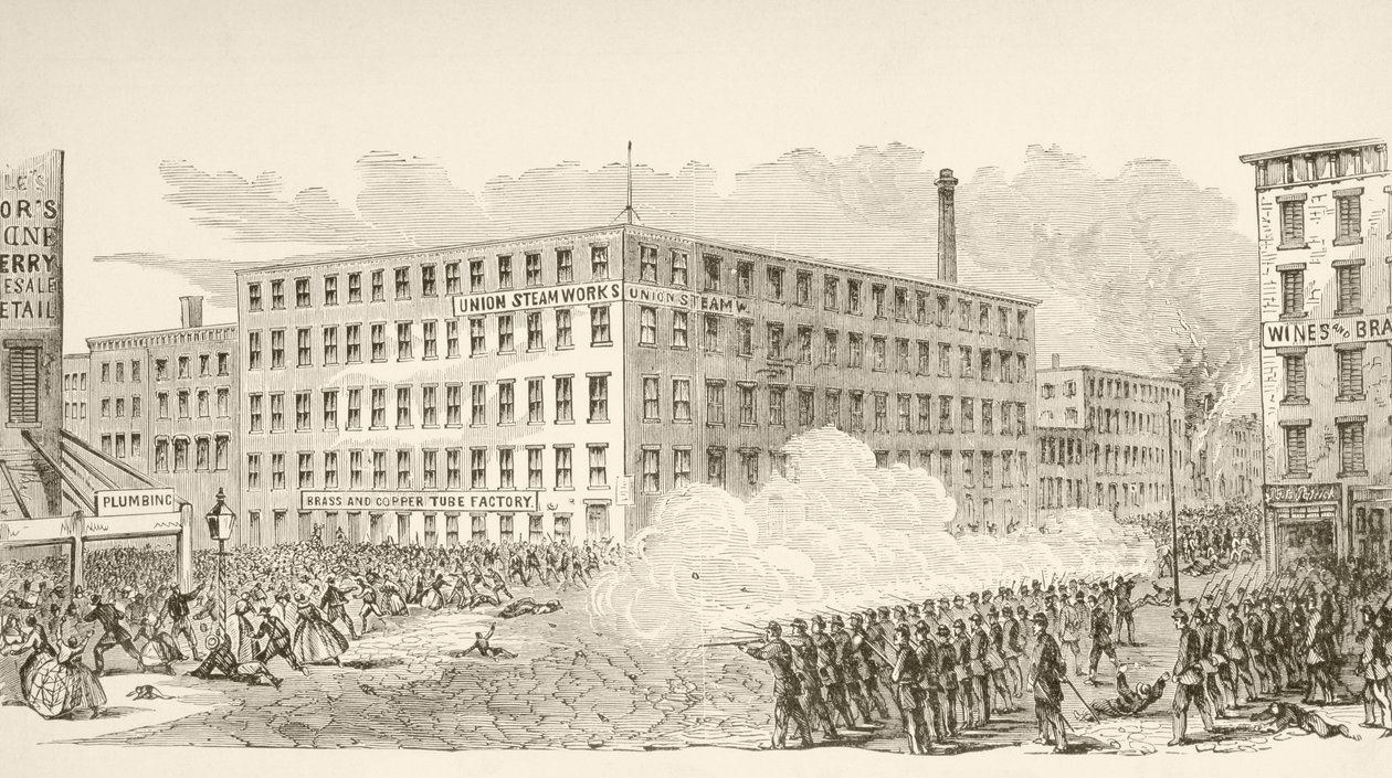 Het Incident in Second Avenue tijdens de New York Draft Riots in juli 1863 door English School