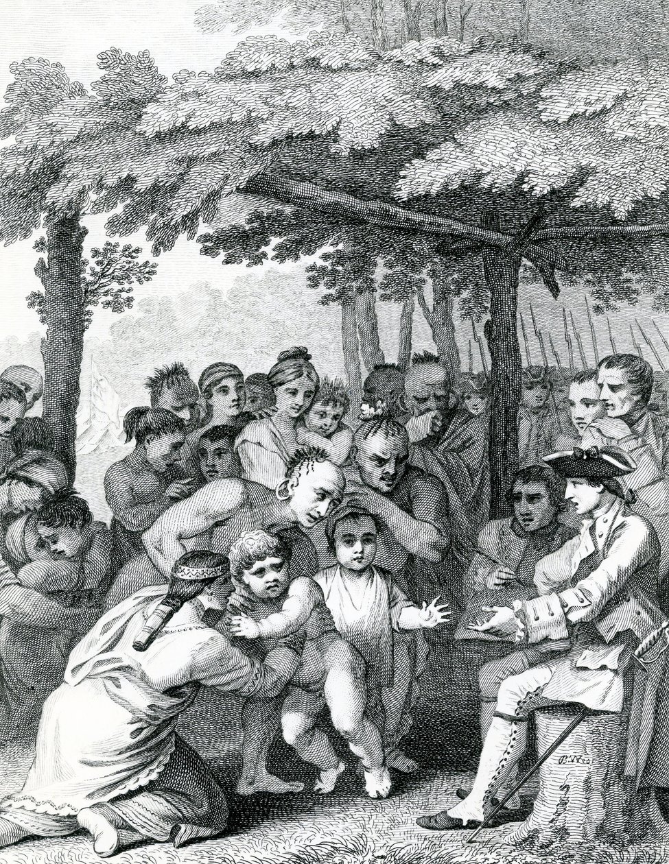 De Indianen die de Engelse gevangenen overhandigen aan kolonel Bouquet nabij zijn kamp bij de vorken van Muskingham in Noord-Amerika, gegraveerd door Canot, 1764 door English School