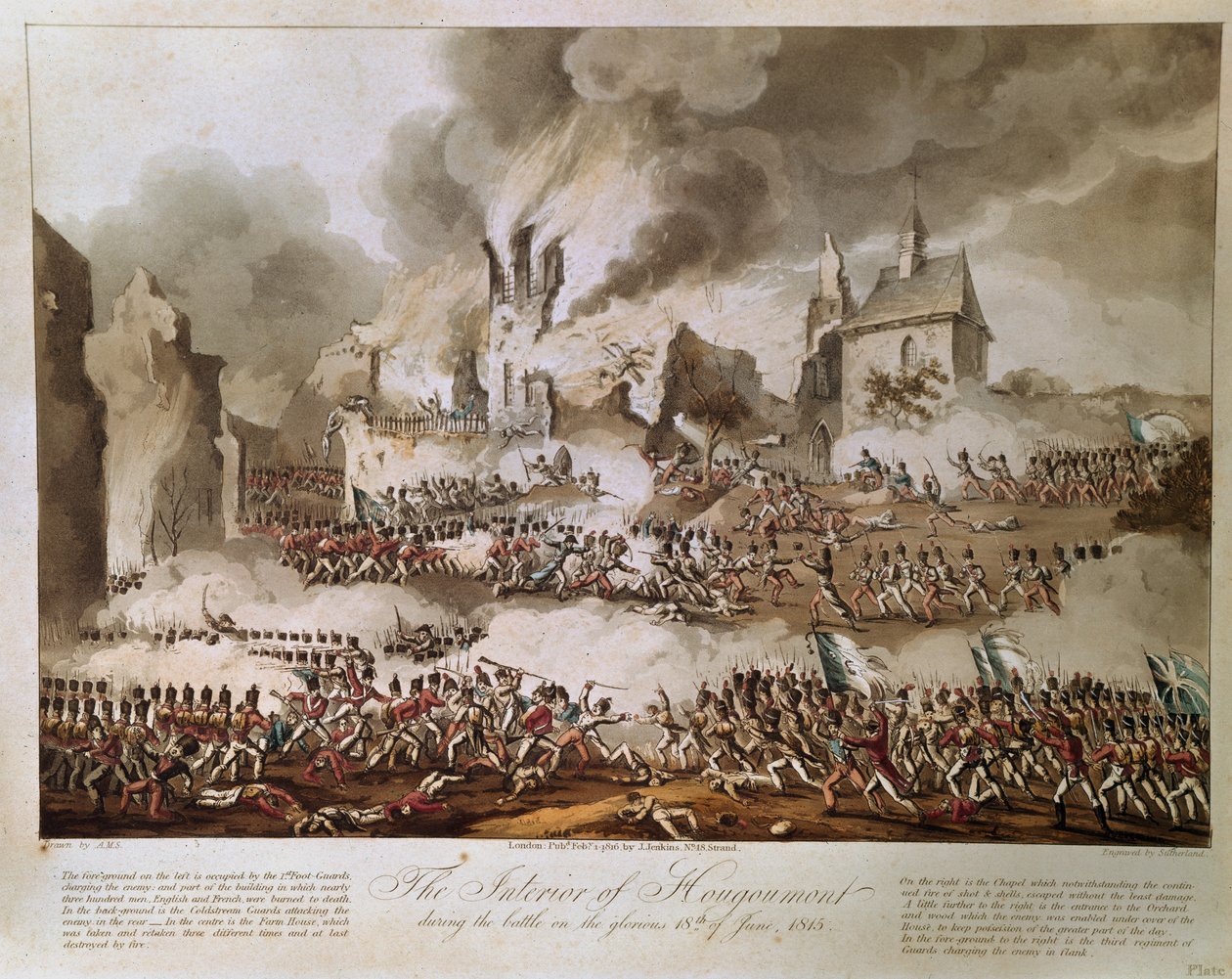 Het interieur van Hougoumont tijdens de slag op de glorieuze 18 juni 1815, gegraveerd door T. Sutherland, uitgegeven 1816 (aquatint) door English School