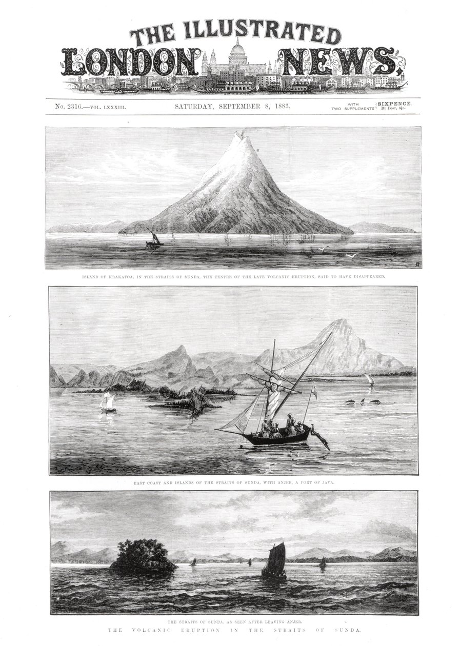 Het eiland Krakatoa, voorpagina van The Illustrated London News, 8 september 1883 door English School