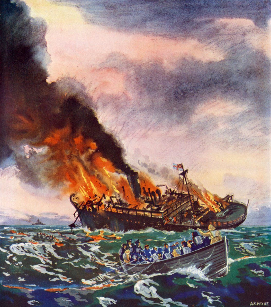 De Jervis Bay, gezonken 5 november 1940 (kleurenlitho) door English School