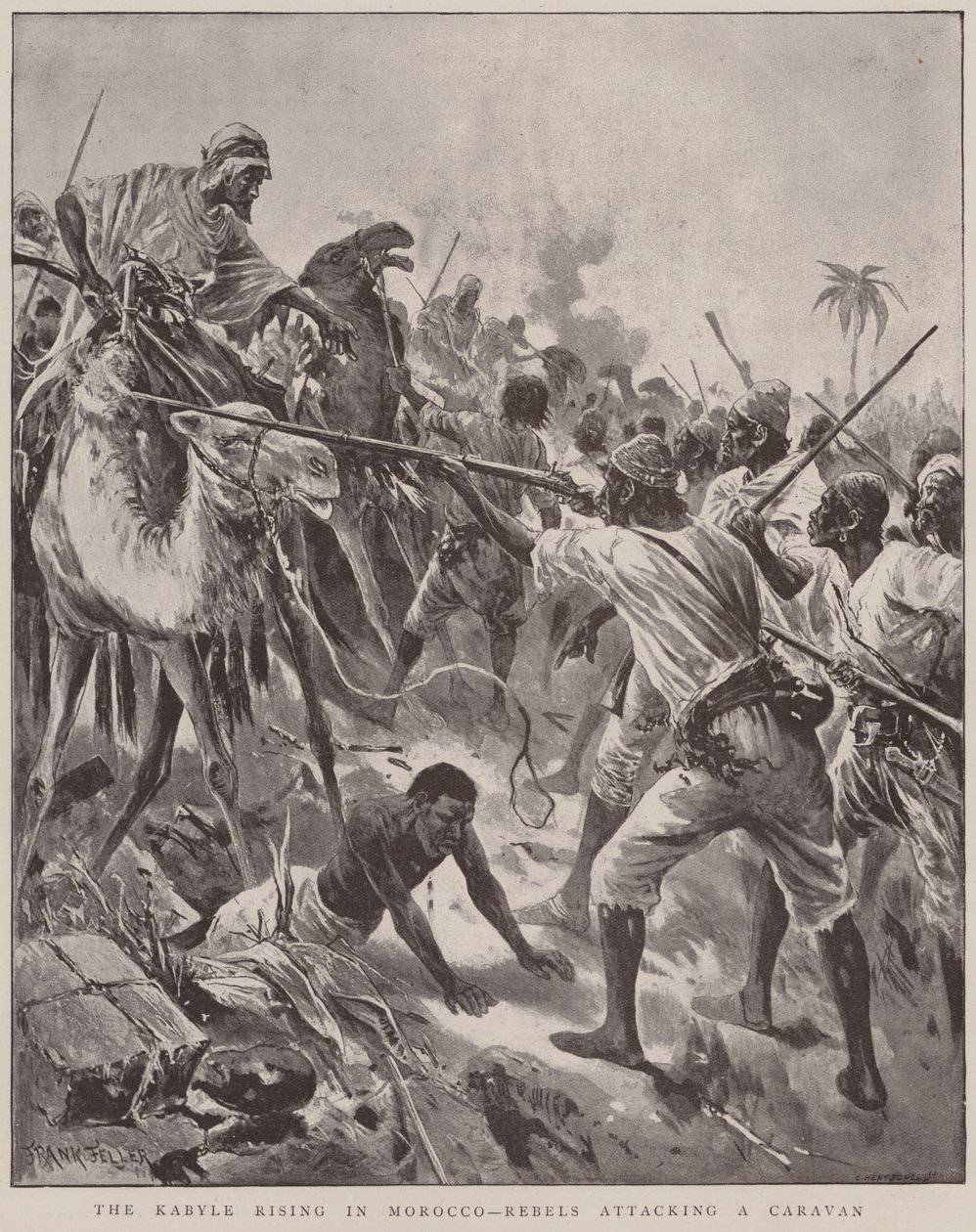De opstand van de Kabyle in Marokko, rebellen vallen een karavaan aan (litho) door English School