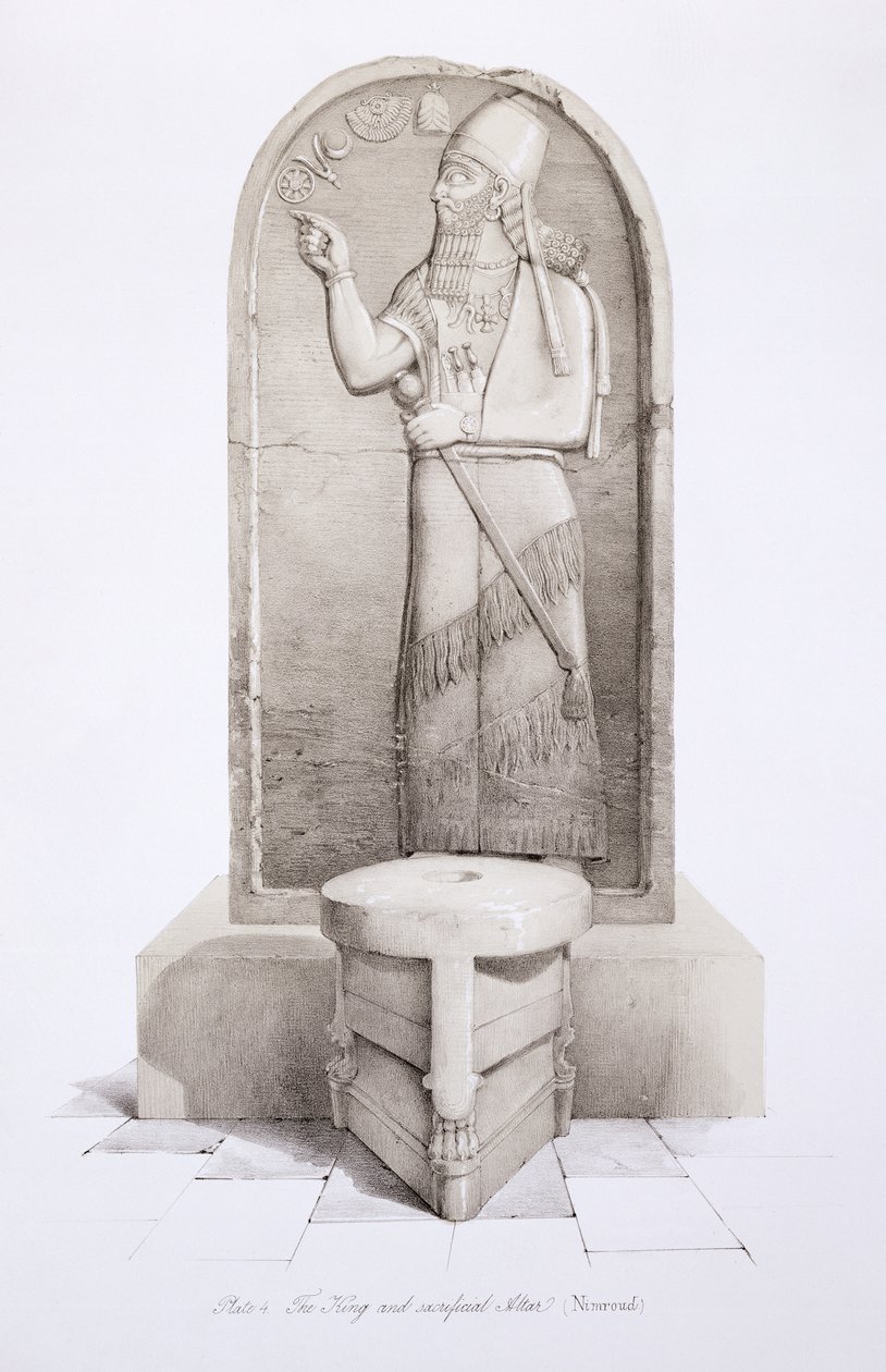 De koning en offeraltaar, Nimrud, plaat 4 uit Nineveh en zijn overblijfselen door Austen Henry Layard (1817-94) gepubliceerd 1849 door English School
