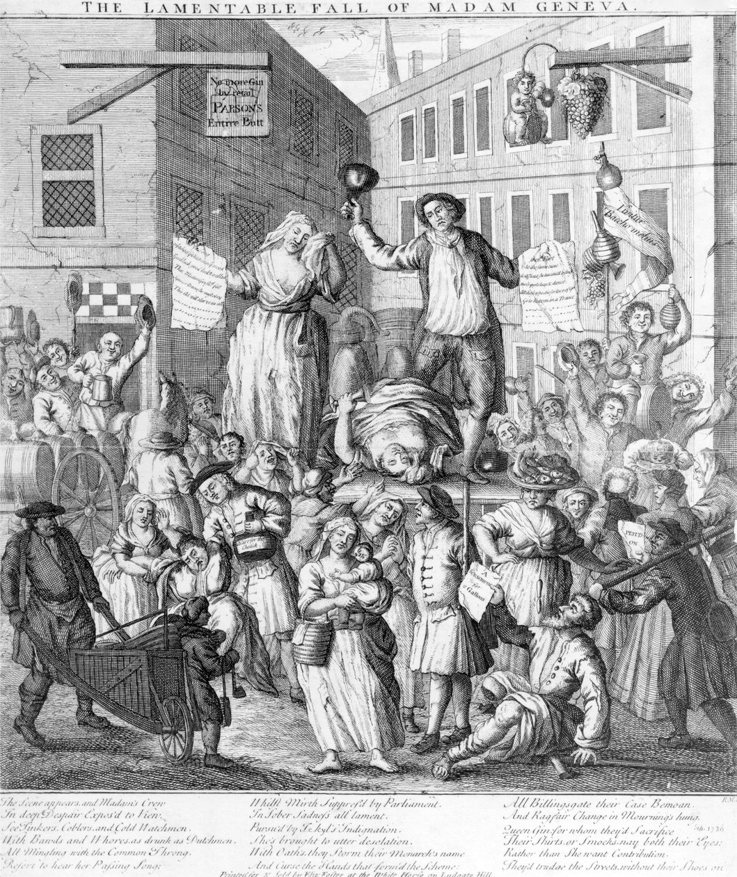 De Jammerlijke Val van Madame Geneva, 1736 door English School