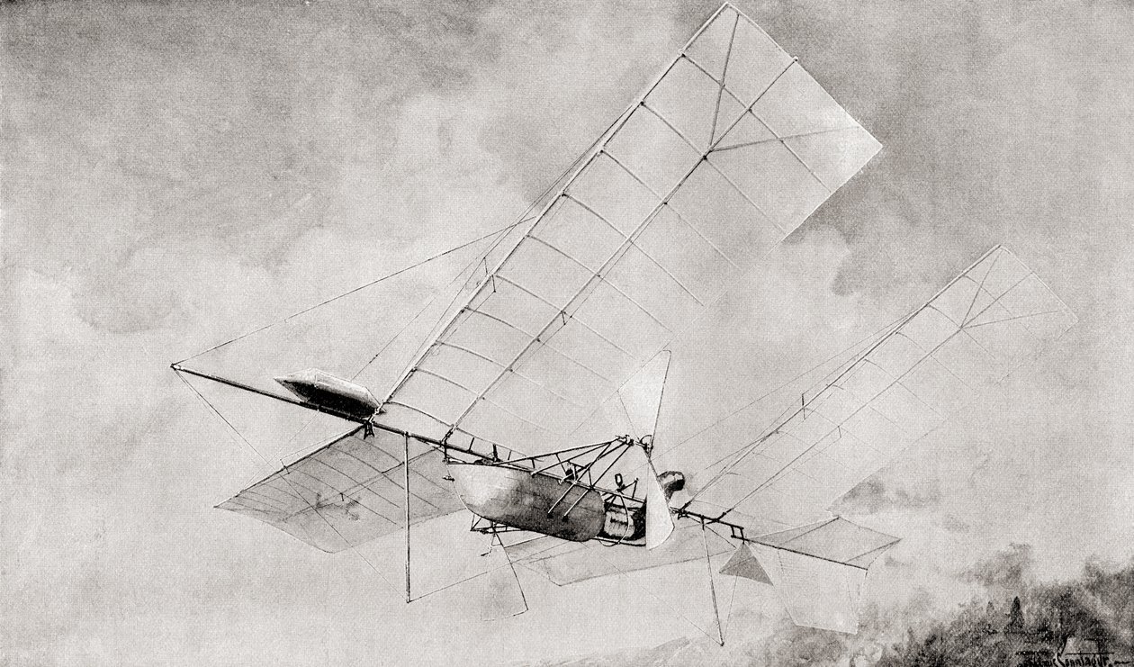 De Langley Aerodrome vliegmachine in vlucht in de 19e eeuw. Uit The Strand Magazine gepubliceerd 1897. door English School
