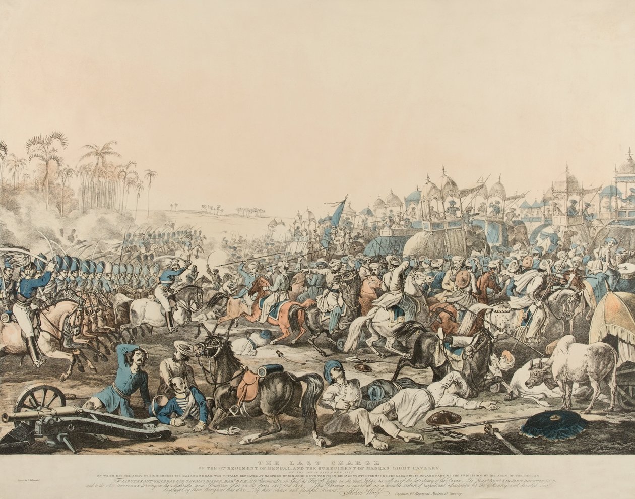 De laatste aanval van het 6e Regiment van Bengalen en het 6e Regiment van Madras Lichte Cavalerie op 16 december 1817 (kleur litho) door English School