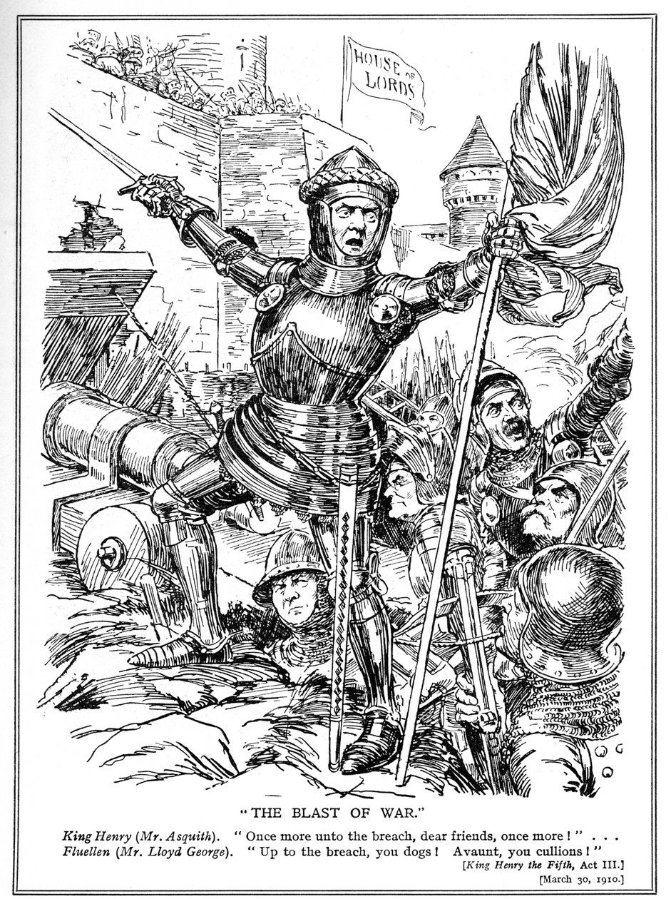 De liberalen, geleid door Asquith en Lloyd George, vallen het Hogerhuis aan, 1910 door English School