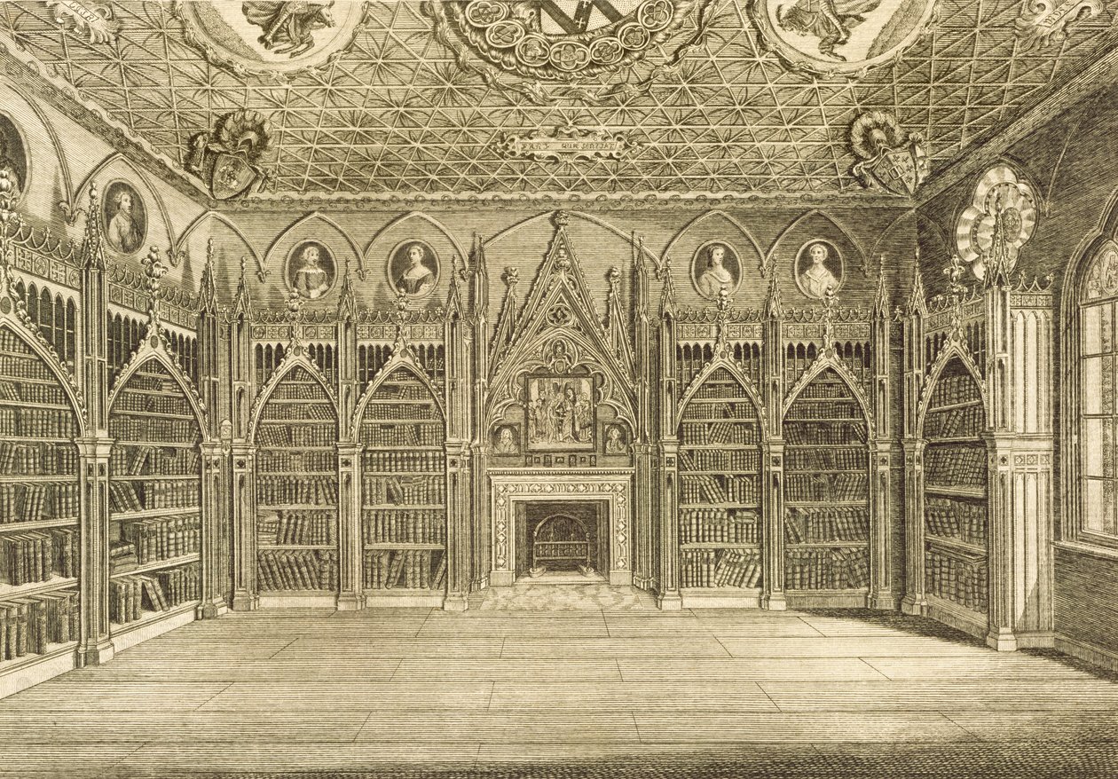 De bibliotheek, gegraveerd door Godfrey, uit Beschrijving van Strawberry Hill door Horace Walpole, 1784 door English School