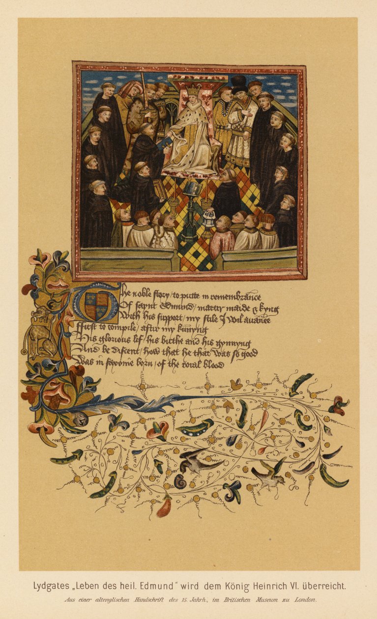 Het leven van St Edmund, koning en martelaar, door John Lydgate, aangeboden aan Henry VI (kleurenlitho) door English School