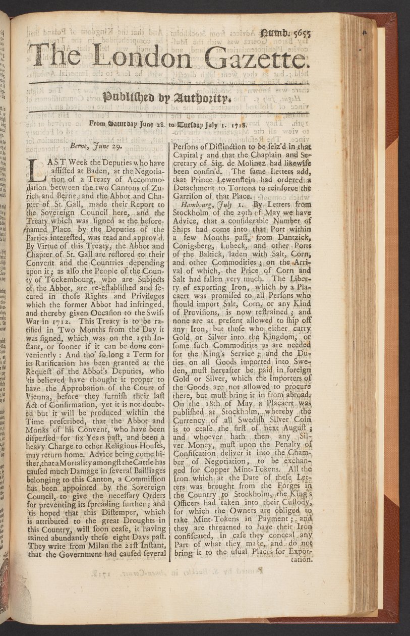 The London Gazette, uitgave 5655, pagina 1, 28 juni 1718 door English School