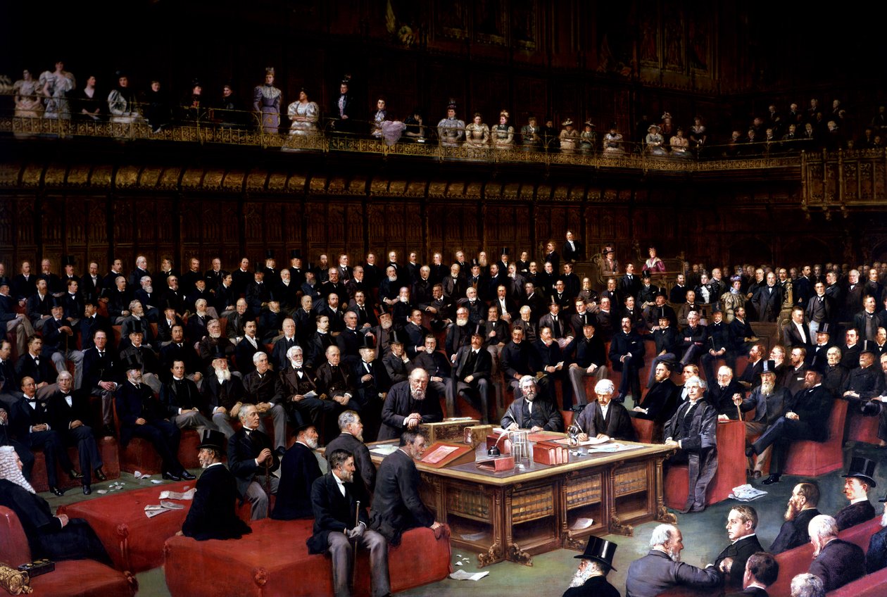 De Lord Chancellor op het punt om de vraag te stellen in het debat over Home Rule in het House of Lords, 1893 door English School