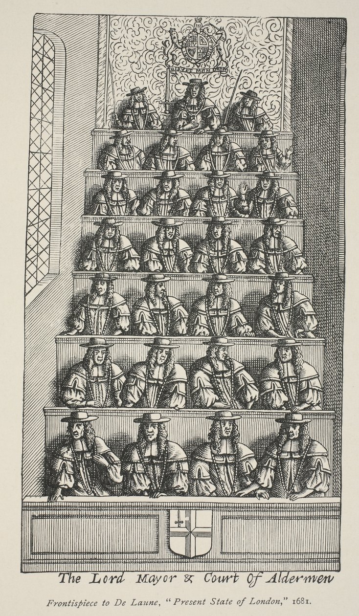 De Lord Mayor en het Hof van Schepenen, frontispice van De Launes Angliae Metropolis, 1681 door English School