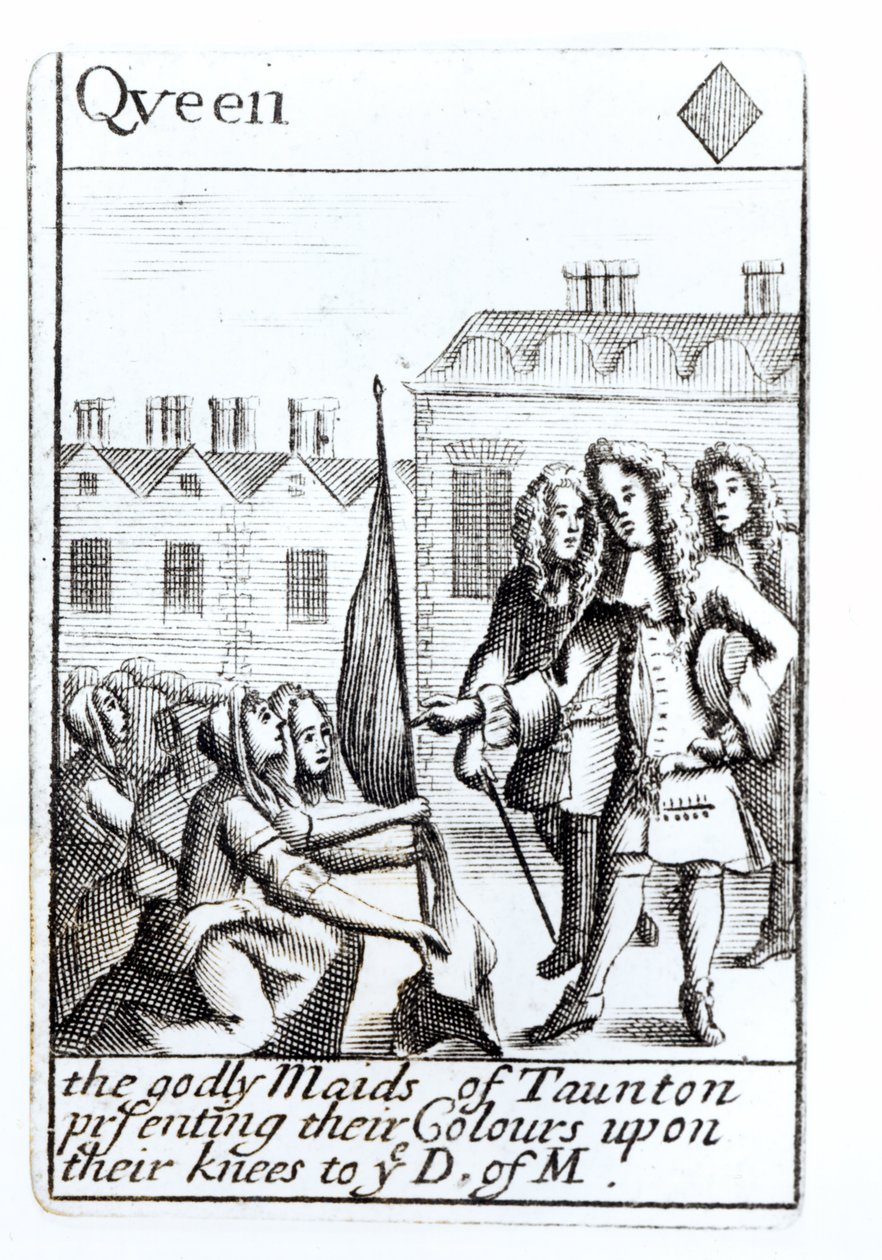 De dienstmeisjes van Taunton knielen voor de hertog van Monmouth, 18 juni 1685, schoppen vrouw speelkaart uit een set ter herdenking van Monmouths opstand door English School