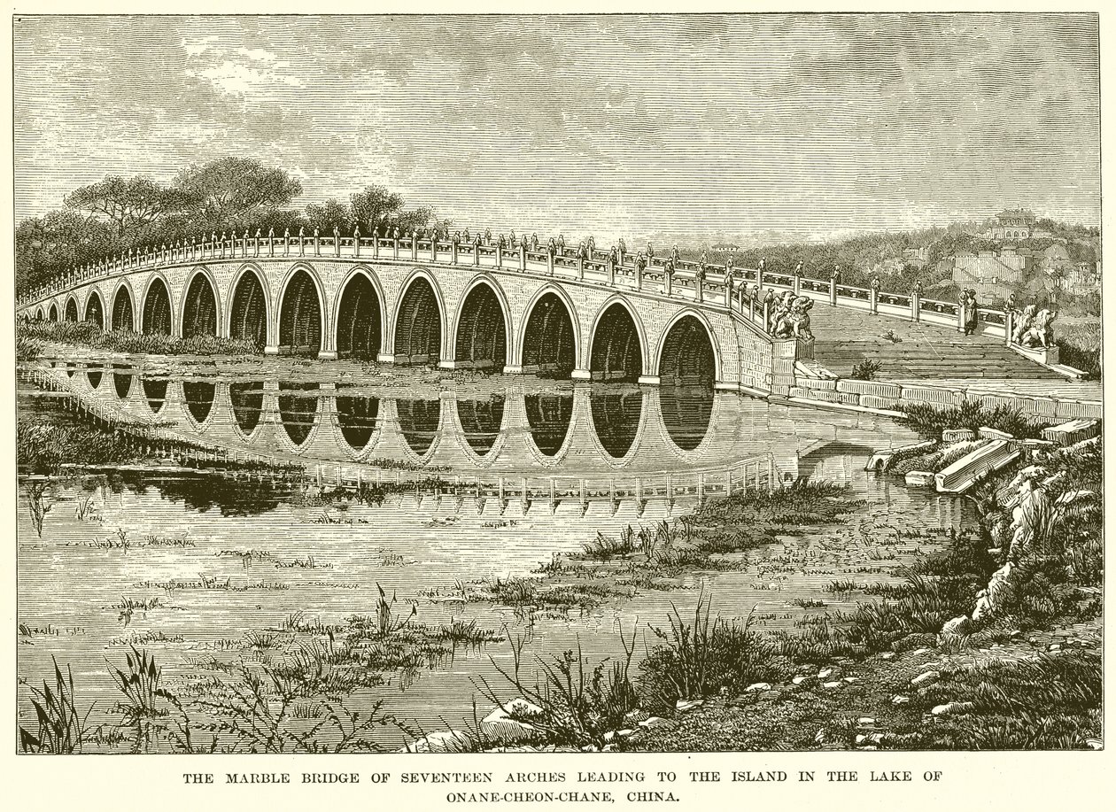 De marmeren brug met zeventien bogen die leidt naar het eiland in het meer van Onane-Cheon-Chane, China (gravure) door English School