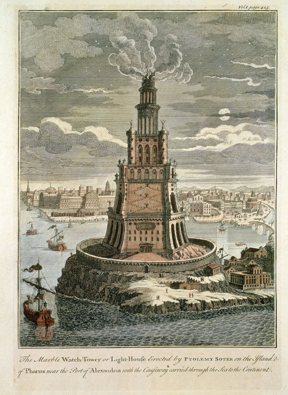 De marmeren wachttoren of vuurtoren opgericht door Ptolemaeus Soter op het eiland Pharos, bij de haven van Alexandrië (gekleurde afdruk) door English School
