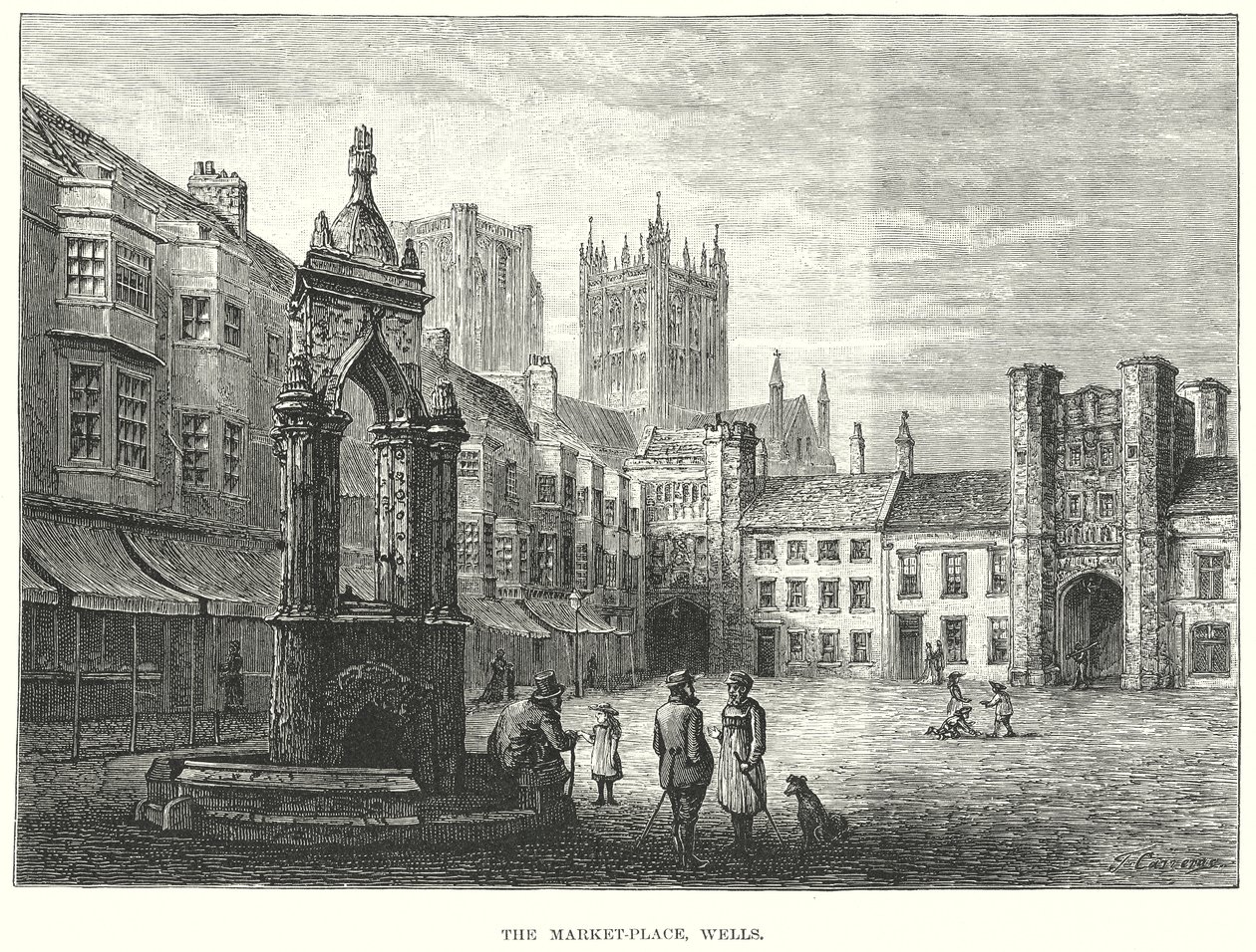 De markt, Wells (gravure) door English School
