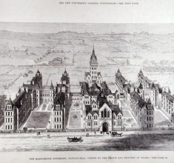 Het Marylebone Ziekenhuis, Notting Hill, Geopend door de Prins en Prinses van Wales, uit The Illustrated London News, 7 februari 1881 door English School
