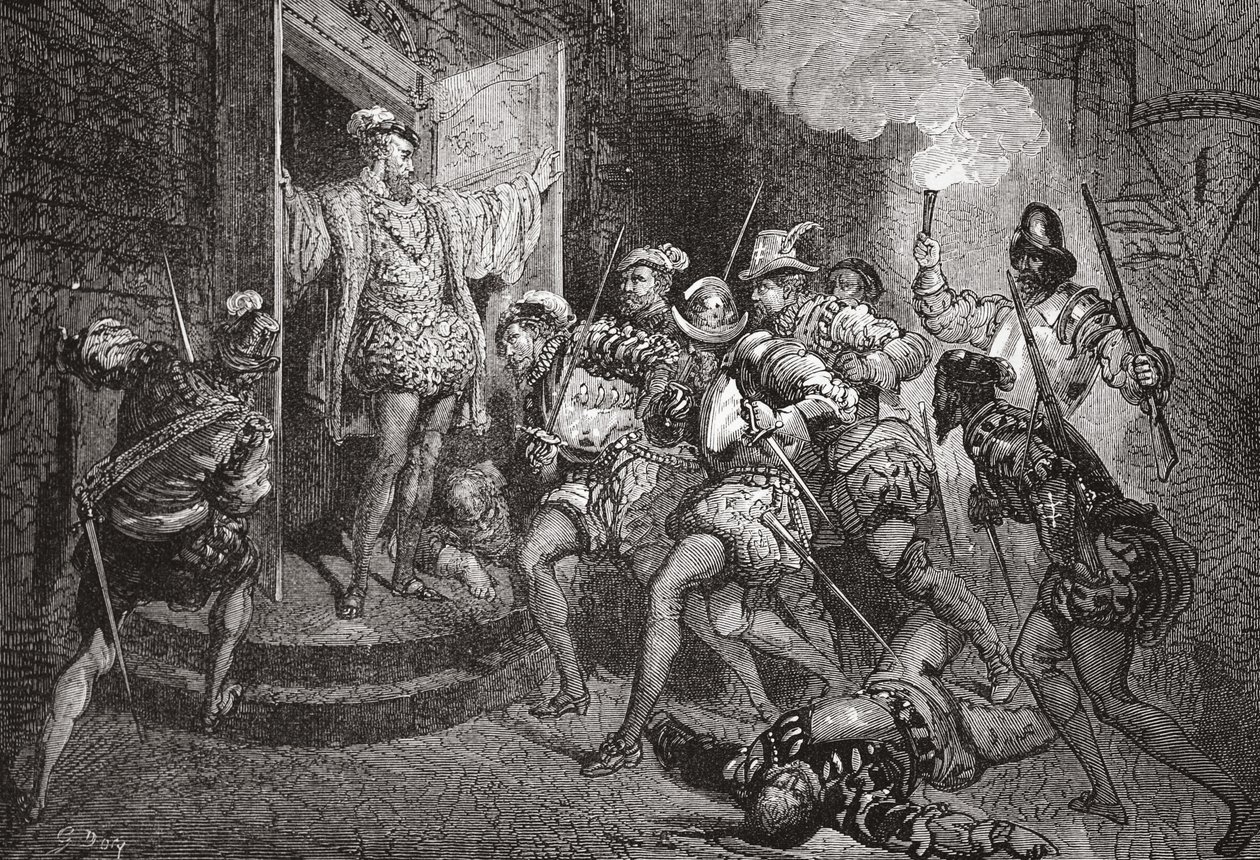 De Bloedbruiloft: aanval op de woning van Coligny, illustratie uit De Geschiedenis van het Protestantisme door James Aitken Wylie, gepubliceerd in 1878 door English School