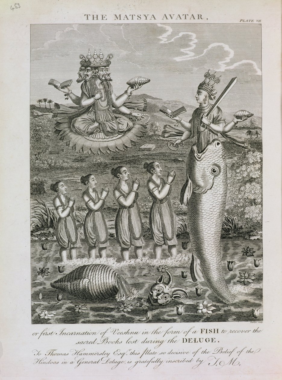De Matsya Avatar, of de Eerste Incarnatie van Vishnu in de Vorm van een Vis om de Heilige Boeken te Herstellen die tijdens de Zondvloed Verloren zijn gegaan, gegraveerd door Barlow door English School