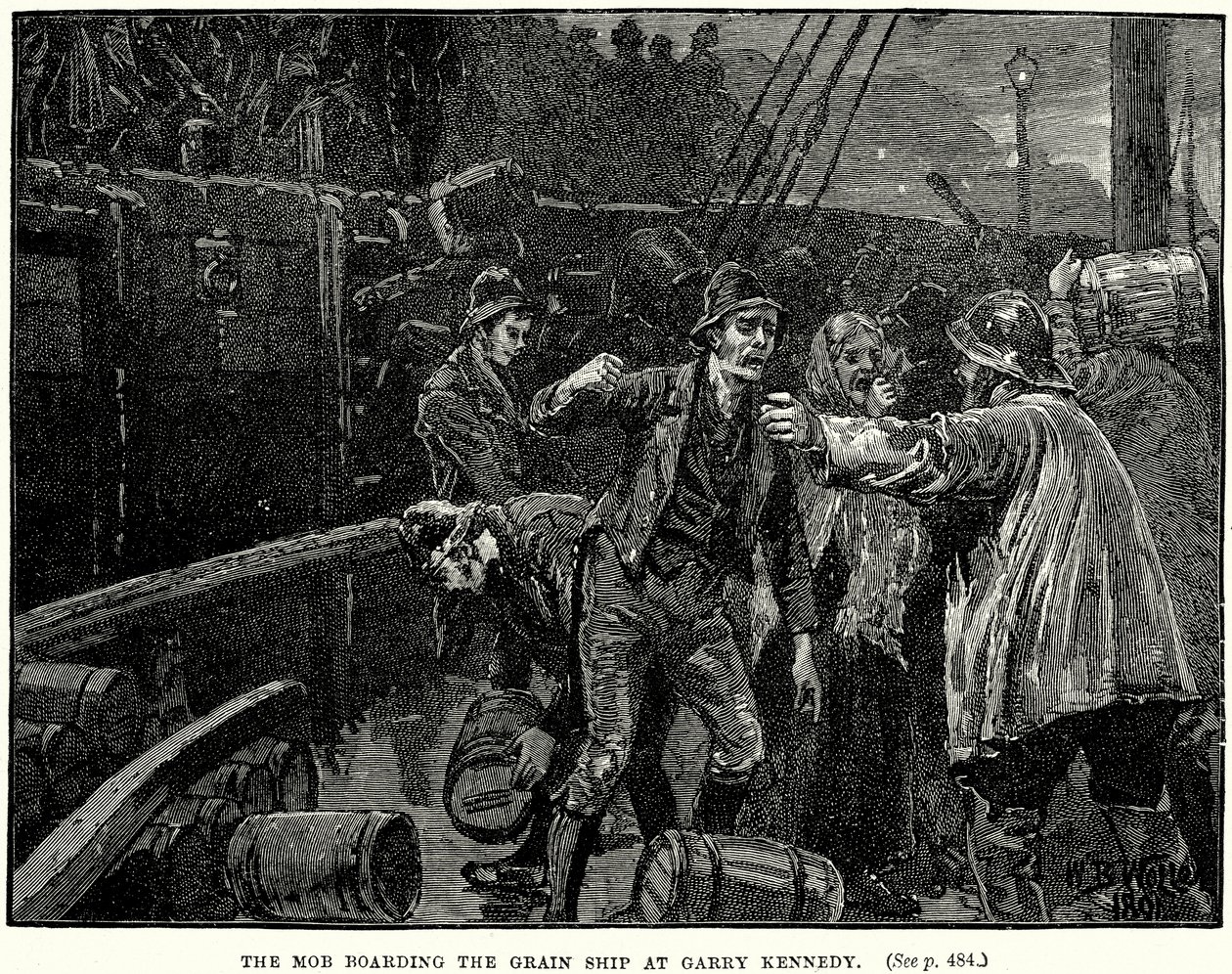 De menigte aan boord van het graanschip bij Garry Kennedy (gravure) door English School