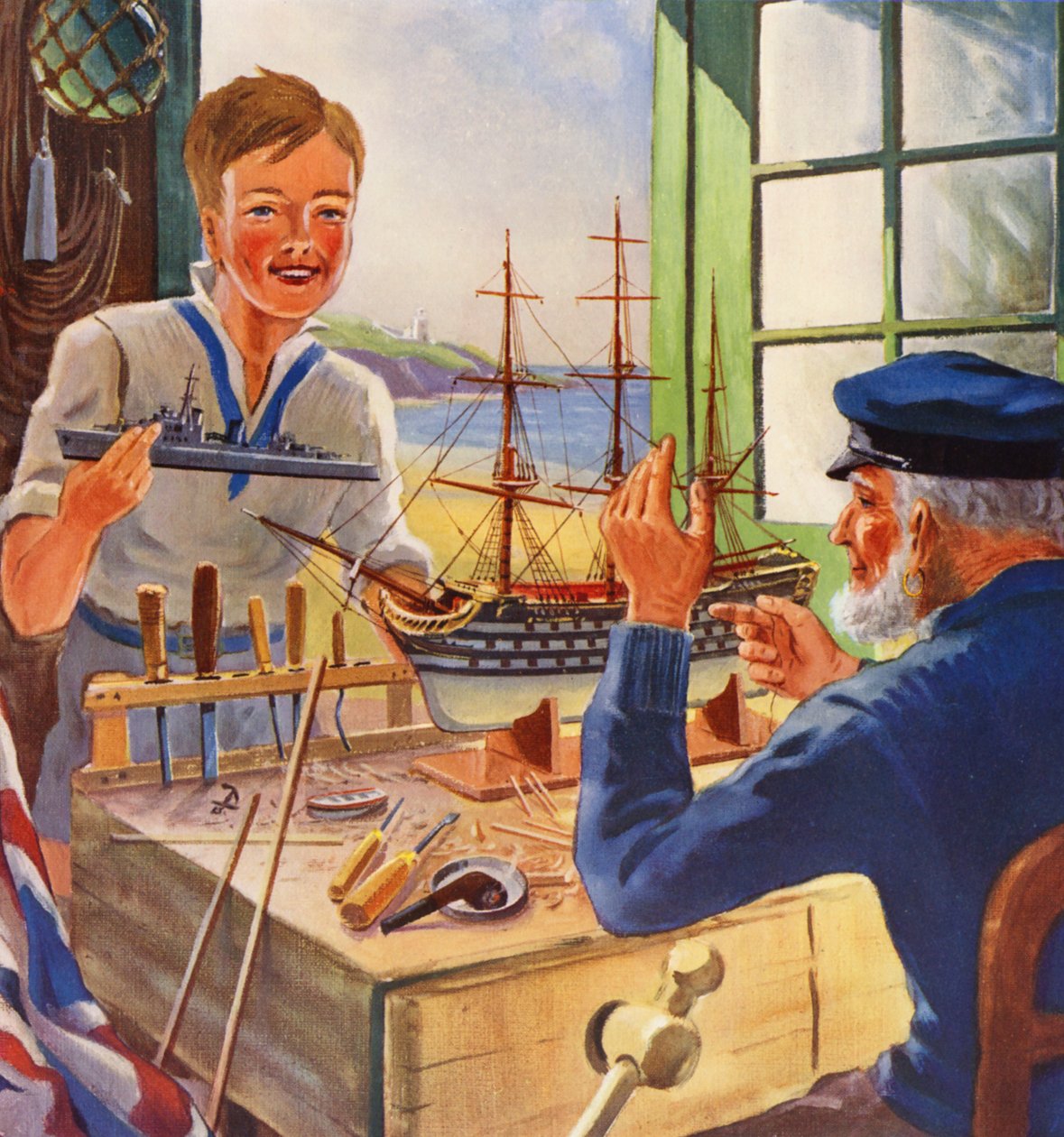 The Nelson Touch, oude en jonge scheepsmodelbouwers (kleurenlitho) door English School