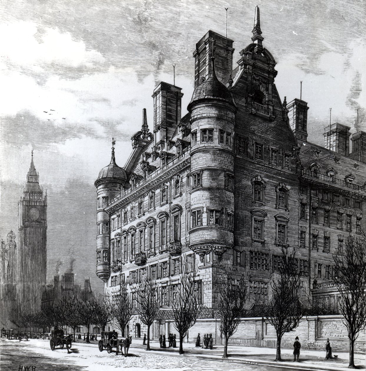 De nieuwe politiebureaus aan de Victoria Embankment, gegraveerd door H.W.B., gepubliceerd in 