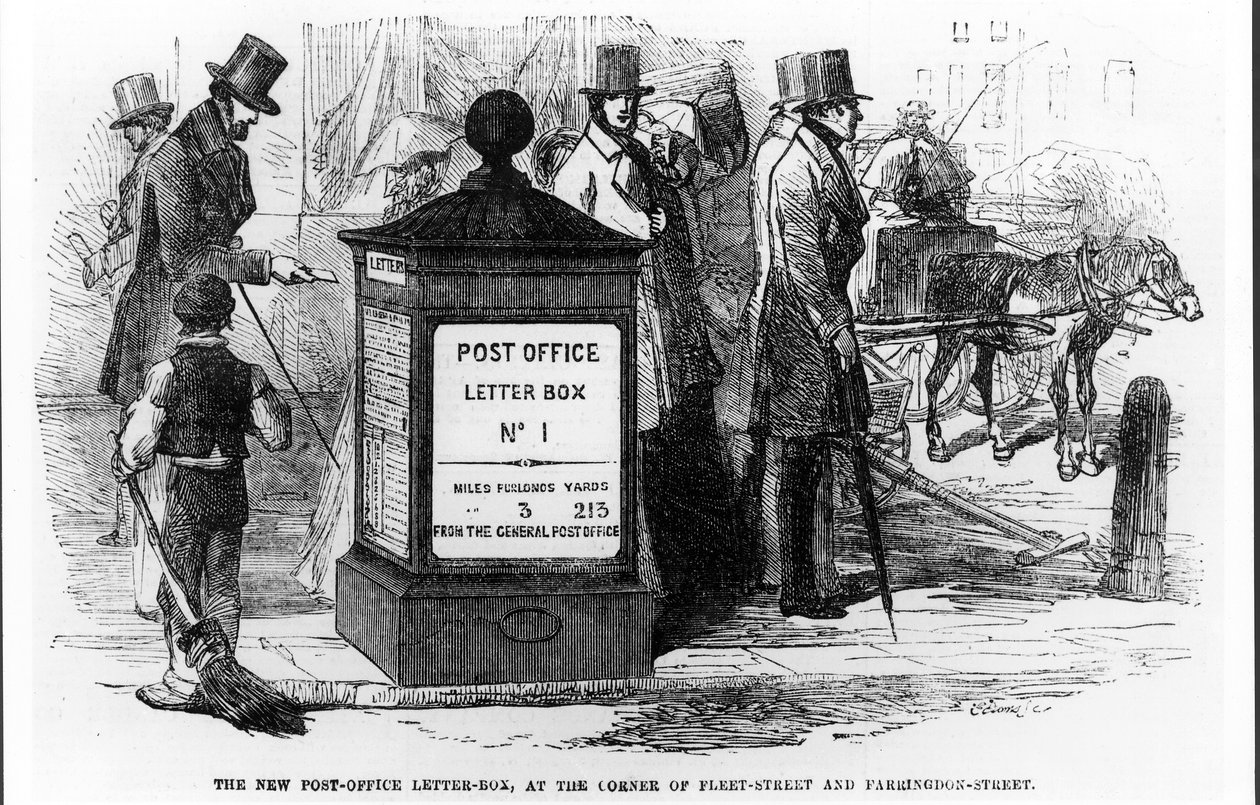 De Nieuwe Postbus, op de hoek van Fleet Street en Farringdon Street, uit The Illustrated London News, 24 maart 1855 door English School