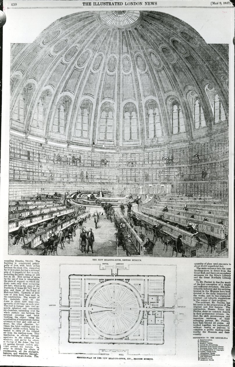 De nieuwe leeszaal, British Museum, gepubliceerd in The Illustrated London News, 9 mei 1857 door English School