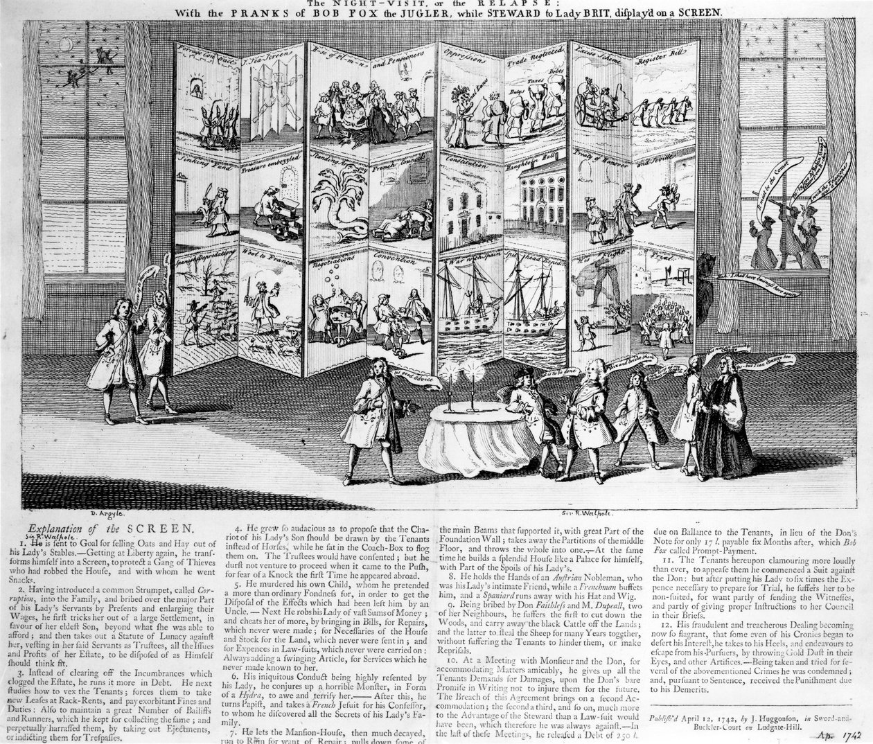 Het Nachtbezoek of de Terugval: met de Streken van Bob Fox de Goochelaar terwijl Rentmeester van Lady Britannia, getoond op een scherm, 1742 door English School