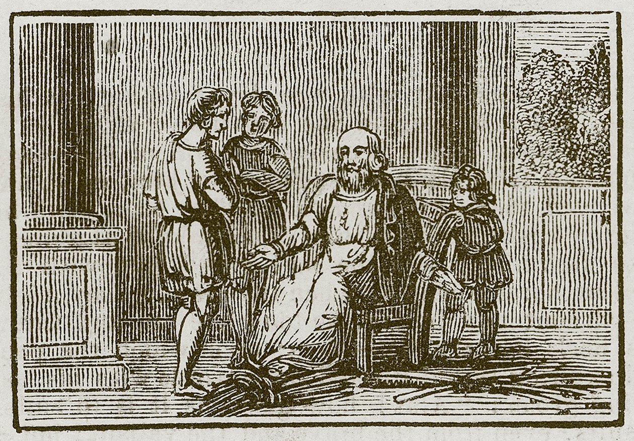 De oude man en zijn zonen (gravure) door English School