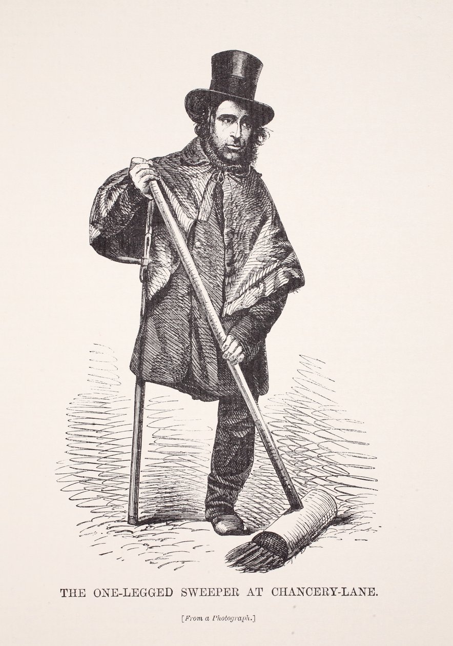 De eenbenige veegman bij Chancery Lane, van een foto, illustratie uit London Labour and London Poor door Henry Mayhew, uitgegeven 1862 door English School