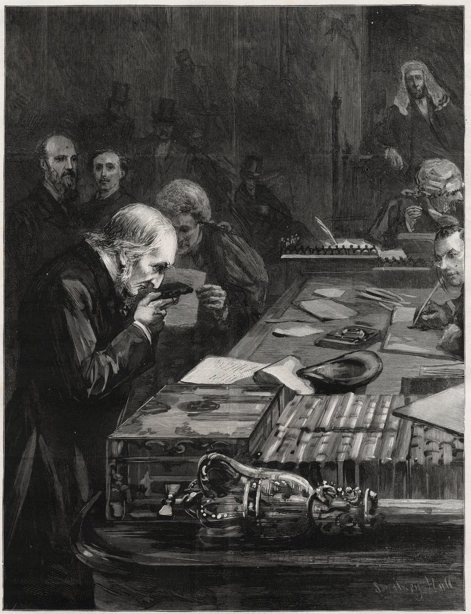 De opening van het Parlement, 31 januari 1893, Mr. William Ewart Gladstone, ondersteund door Mr. Marjoribanks en Mr. H. Gladstone, legt de eed af (illustratie voor The Graphic) door English School