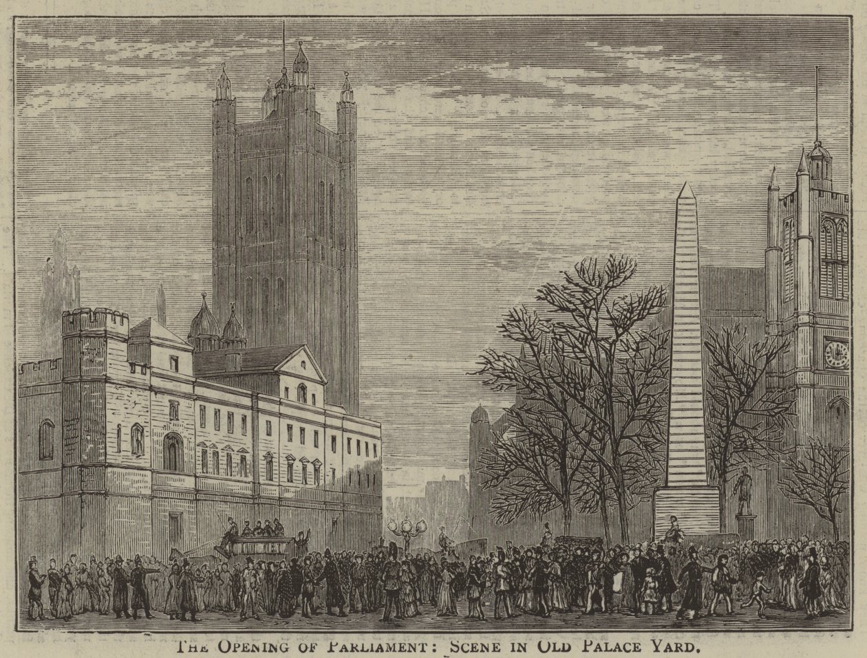 De opening van het parlement, scène in Old Palace Yard (gravure) door English School