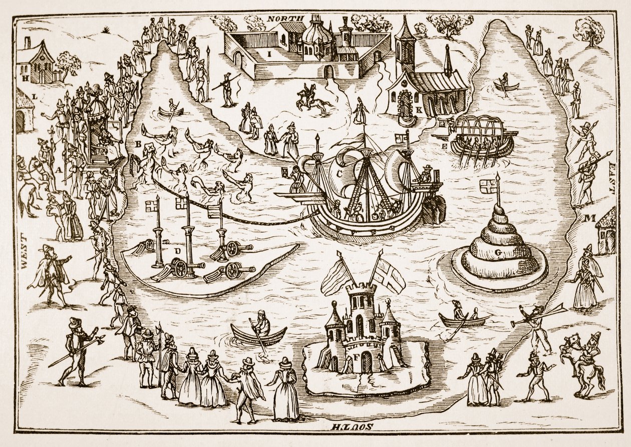 De vijver bij Elvetham tijdens het bezoek van koningin Elizabeth, uit The Honourable Entertainment gegeven aan de koningin in Prgresse bij Elvetham in Hampshire door de Right Honble de graaf van Hertford, 1591 door English School
