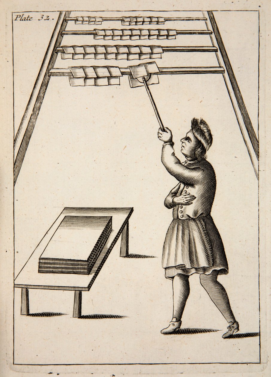 De Drukker Hangt Papier, pub. 1683 gravure door English School