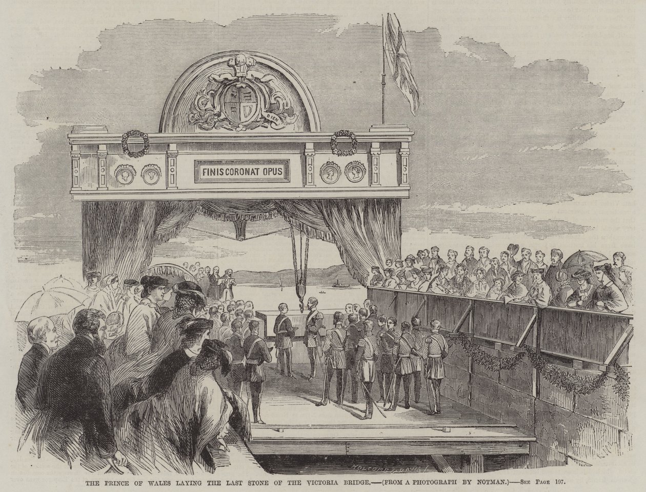 De Prins van Wales legt de laatste steen van de Victoria brug (gravure) door English School