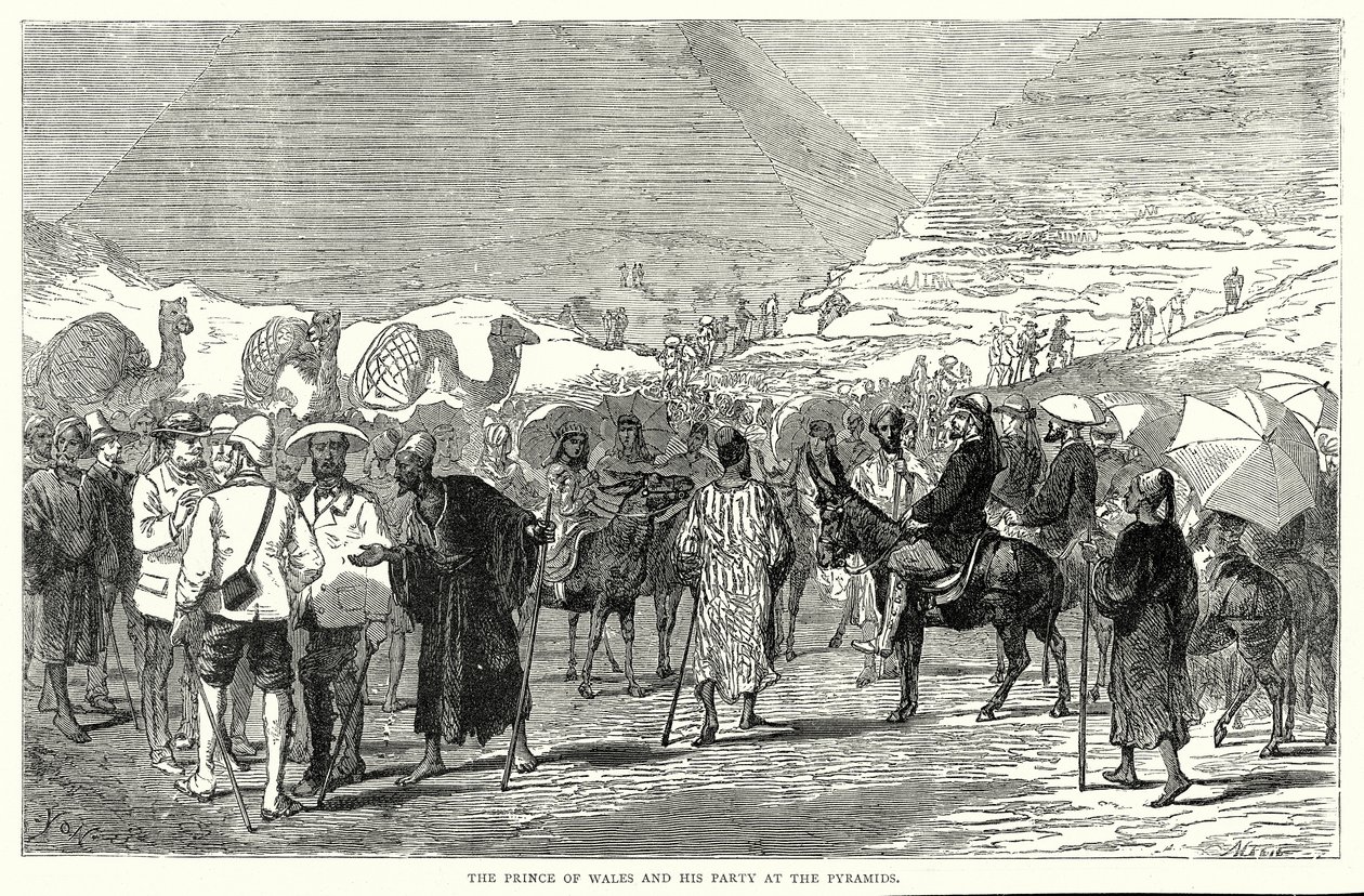 De Prins van Wales en zijn gezelschap bij de piramiden (gravure) door English School