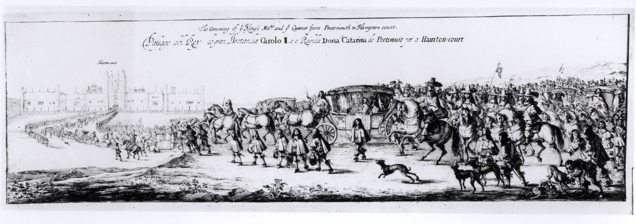 De Processie van Karel II en zijn Nieuwe Koningin, Catharina van Braganza van Portsmouth naar Hampton Court, 1662 door English School