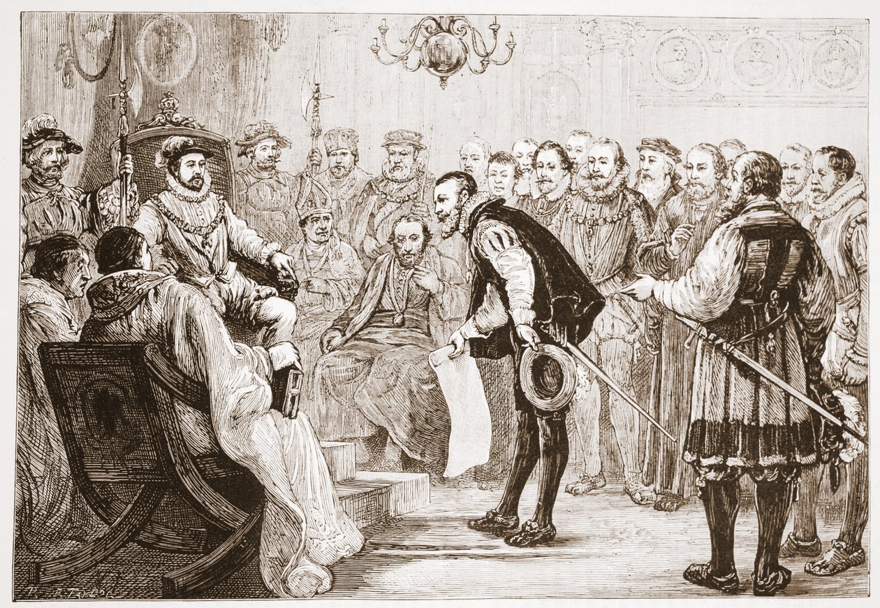 De protestantse prinsen presenteren hun belijdenis aan Karel, illustratie uit De Geschiedenis van het Protestantisme door James Aitken Wylie, 1878 door English School