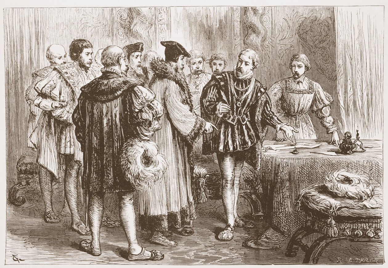 De protestantse prinsen ondertekenen hun belijdenis, illustratie uit De Geschiedenis van het Protestantisme door James Aitken Wylie, 1878 door English School