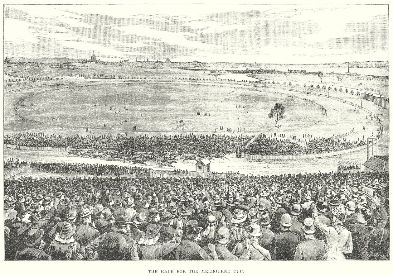 De race om de Melbourne Cup (gravure) door English School