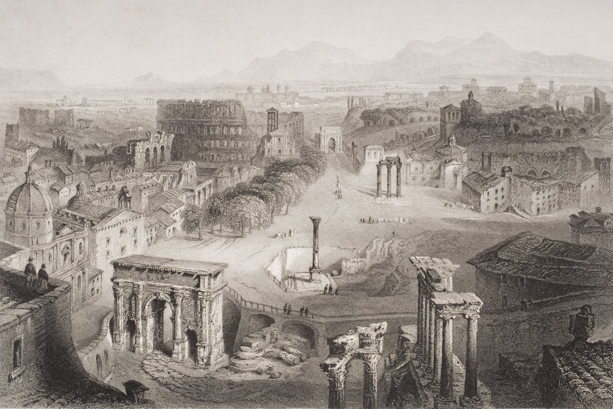 Het Romeinse Forum vanaf de Capitolijnse heuvel, Rome, gegraveerd door A. Willmore door English School