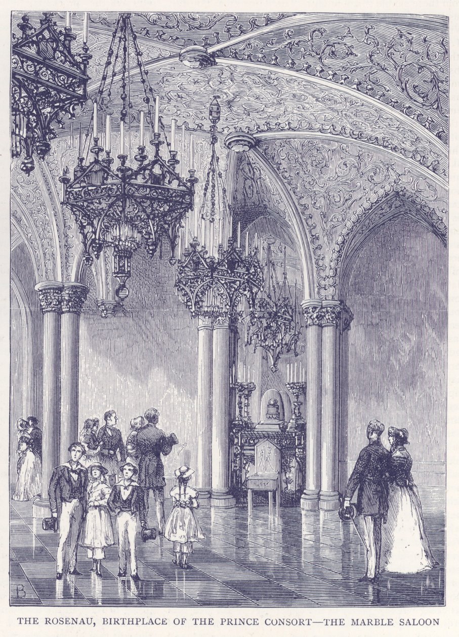 De Rosenau, geboortepaleis van het prins-consort - De marmeren Sallon (gravure) door English School