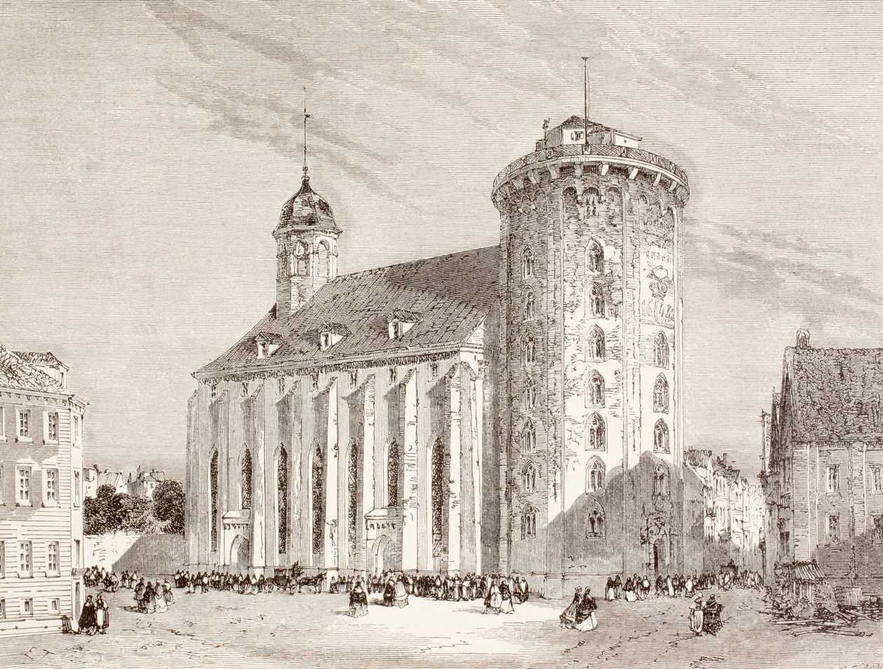 De Rundetarn of Ronde Toren in Kopenhagen, Denemarken in de negentiende eeuw door English School