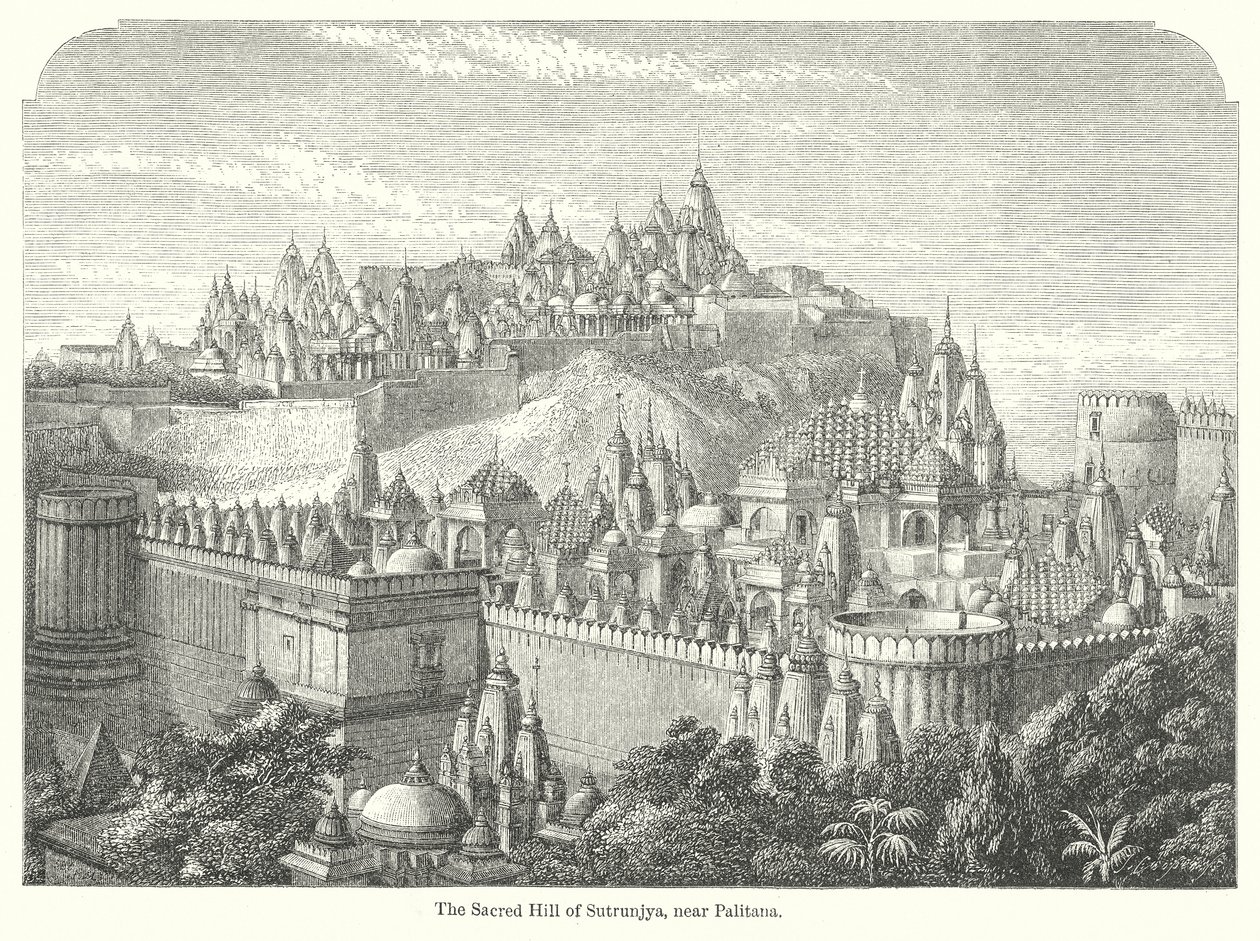 De heilige heuvel van Sutrunjya, bij Palitana (gravure) door English School